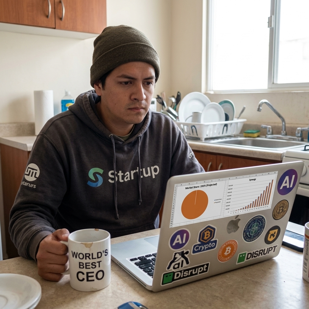 CEO sin empresa trabajando desde una cocina con gráficos vacíos — el postureo emprendedor moderno