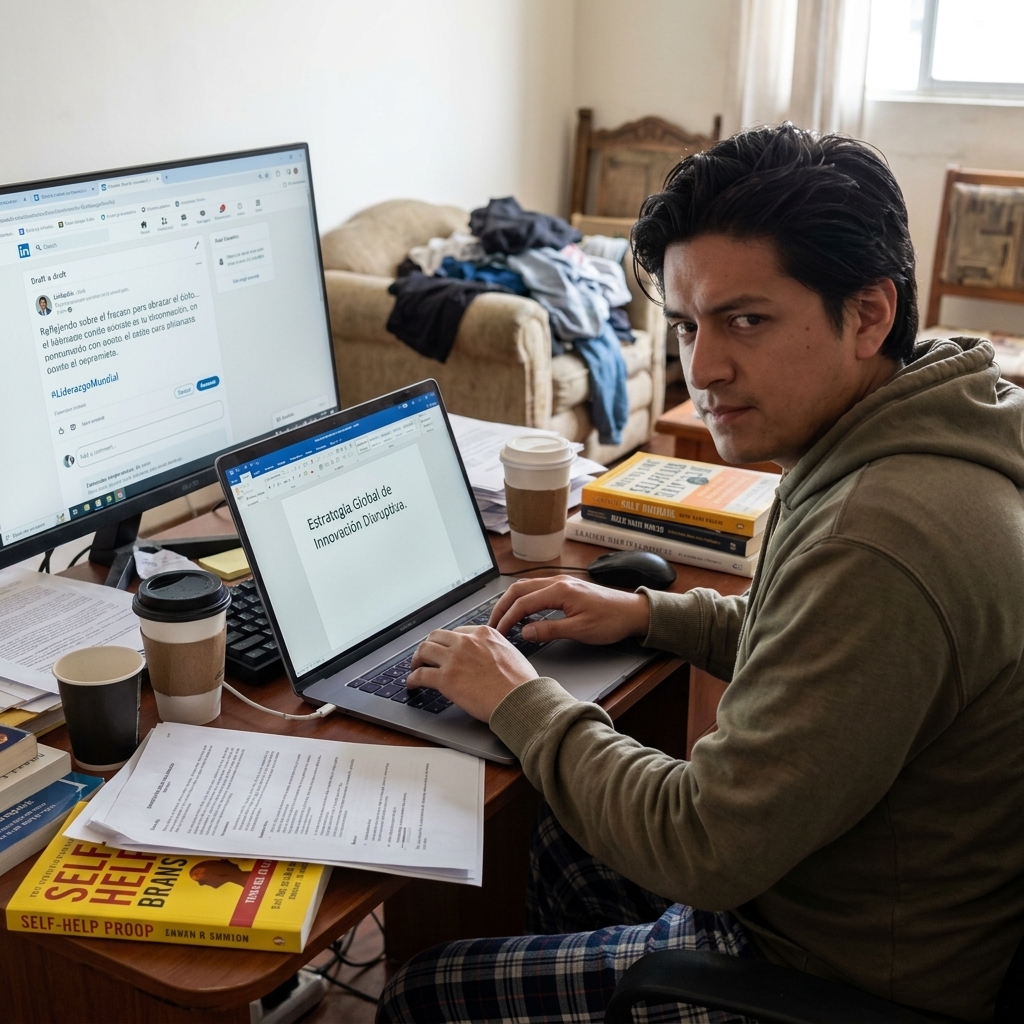 Falso emprendedor escribiendo publicaciones corporativas desde casa — símbolo del postureo en LinkedIn