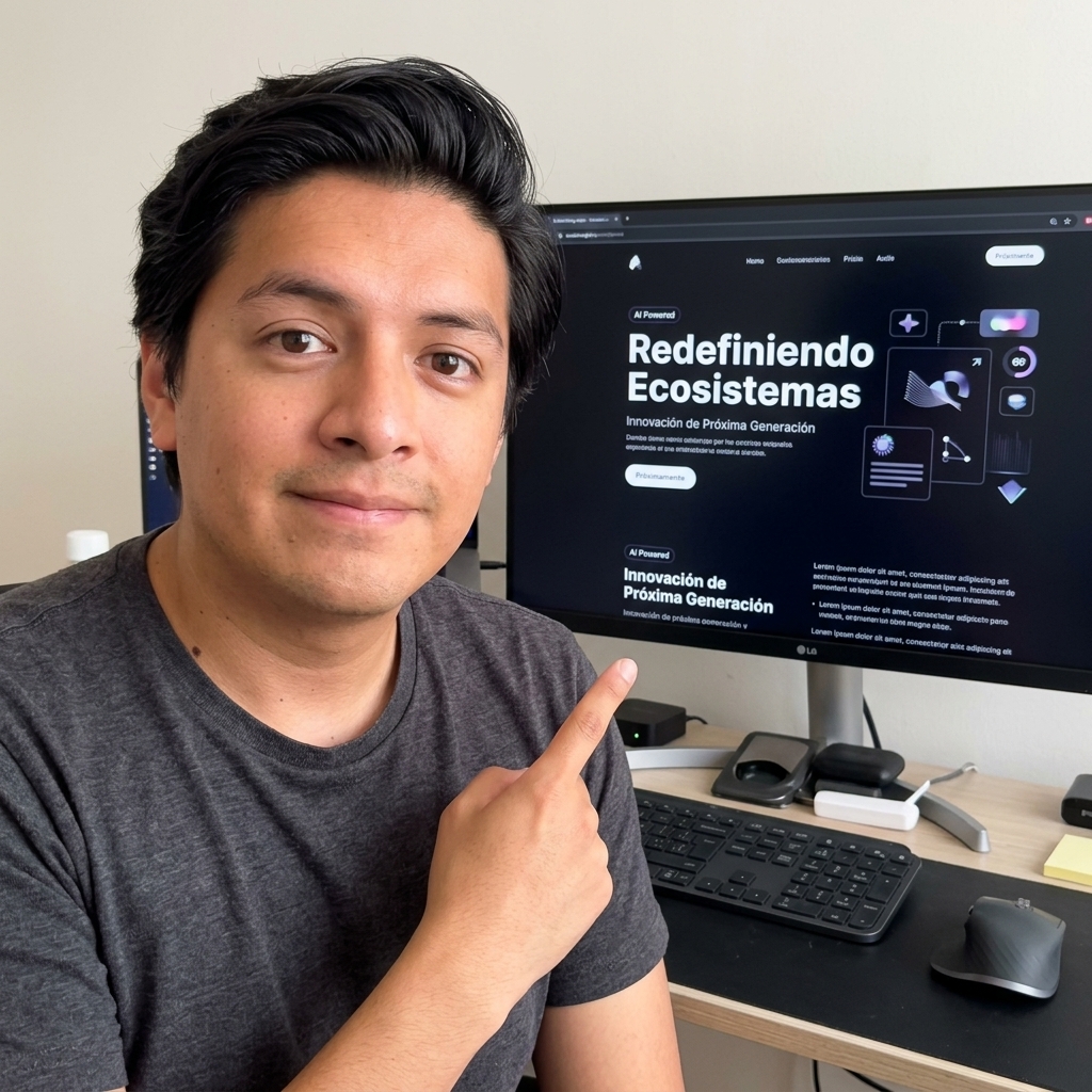Landing page de startup falsa que no explica su producto — estética minimalista sin contenido real