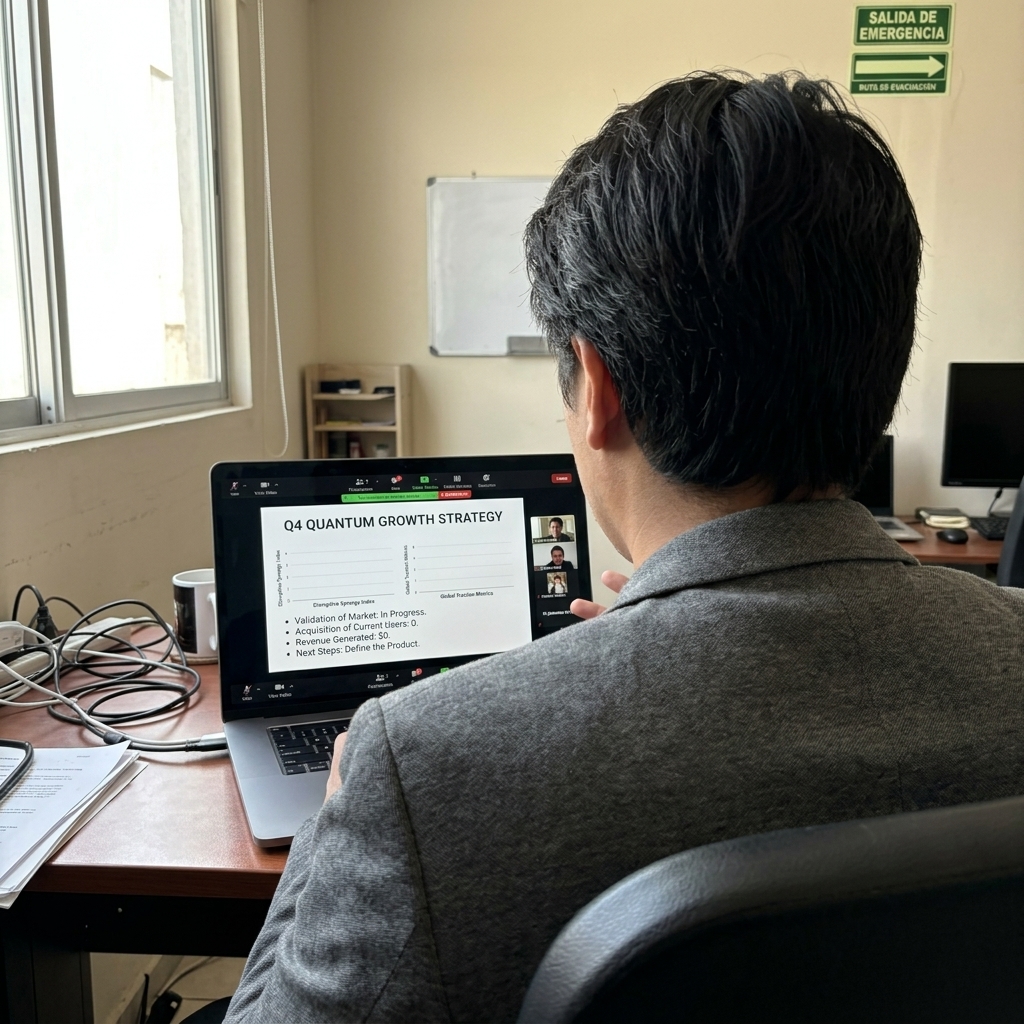 Persona presentando una startup ficticia en videollamada corporativa — el pitch del CEO de Nada ante inversores imaginarios